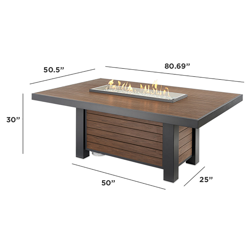 Gas fire pit table dimensions: 80.69 in x 50.5 in, wood top and dark frame