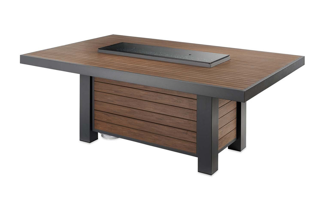 Gas fire pit table with wood slat base, dark legs, and square burner opening