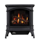Black cast iron gas stove with arched glass front and flame logs