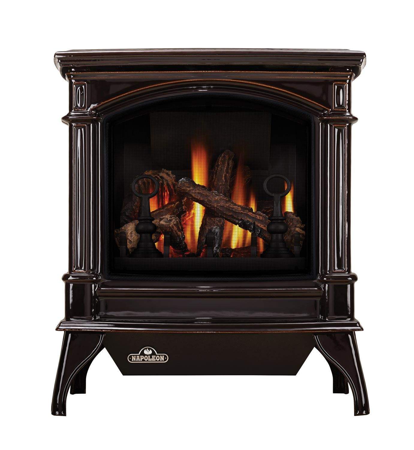 Dark brown cast iron gas stove with arched glass front and flame logs