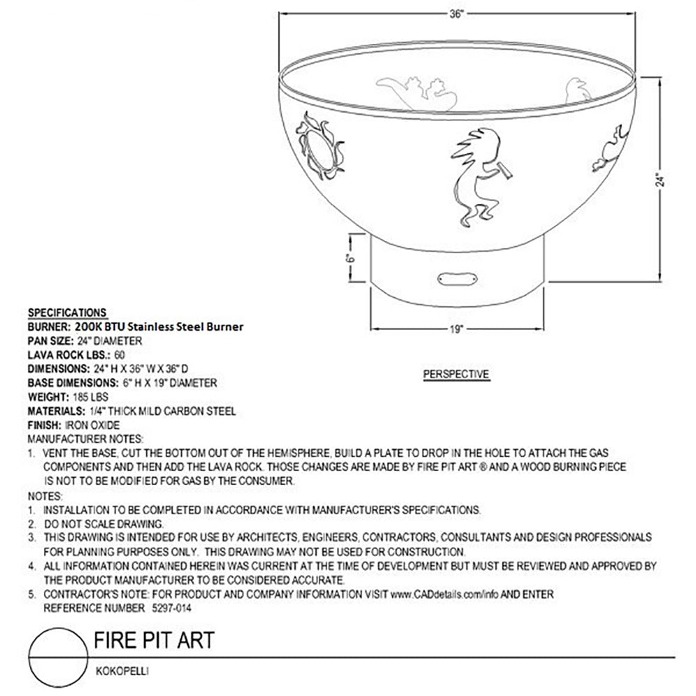 Gas fire pit dimensions diagram with Kokopelli outline