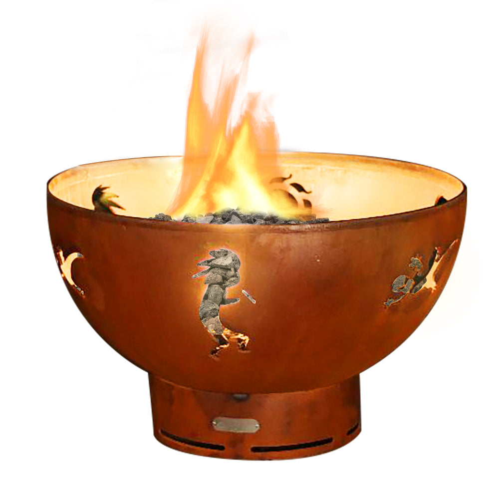 Copper gas fire pit bowl with Kokopelli cutout and flames