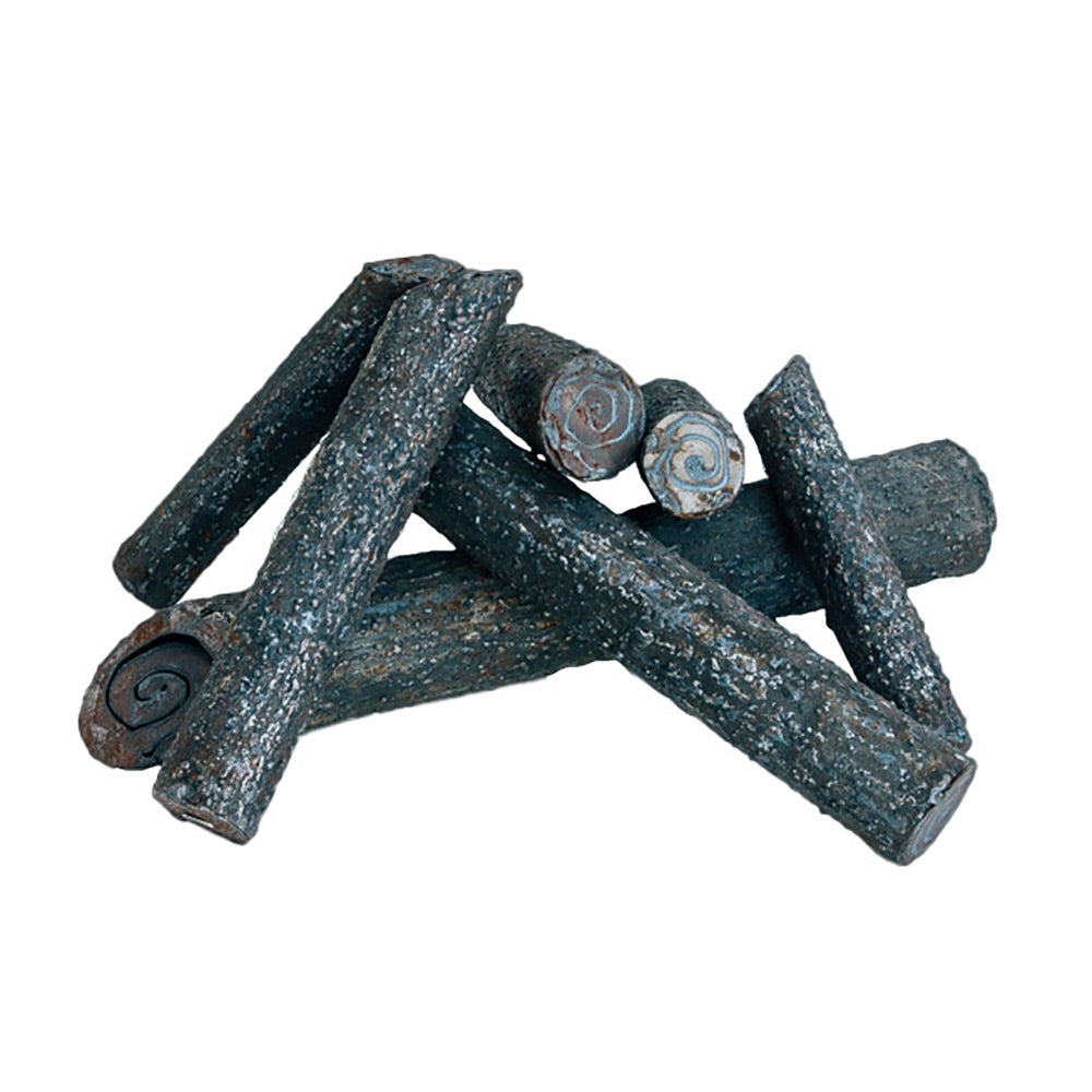 Steel log set pieces with dark blue patina and spiral-cut ends