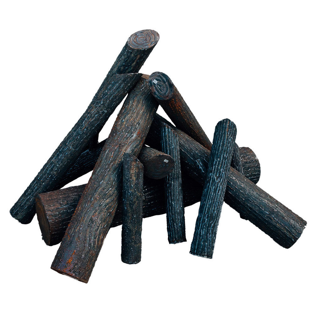 Decorative log set with dark blue faux-wood log pieces, stacked in a pile