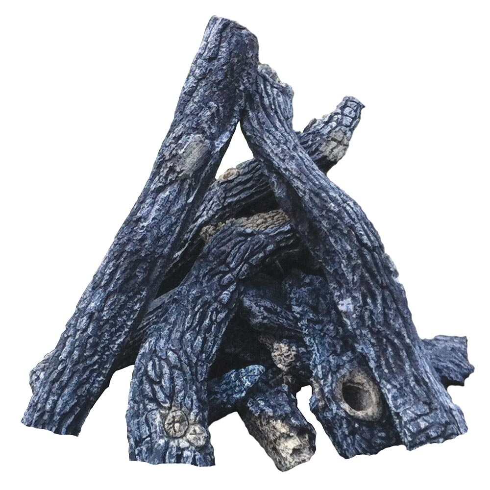 Blue-gray refractory fire logs with charred texture and knot-like cutouts
