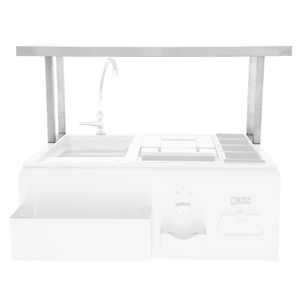 Outdoor bar center top shelf with sink and faucet, white cabinet with front storage