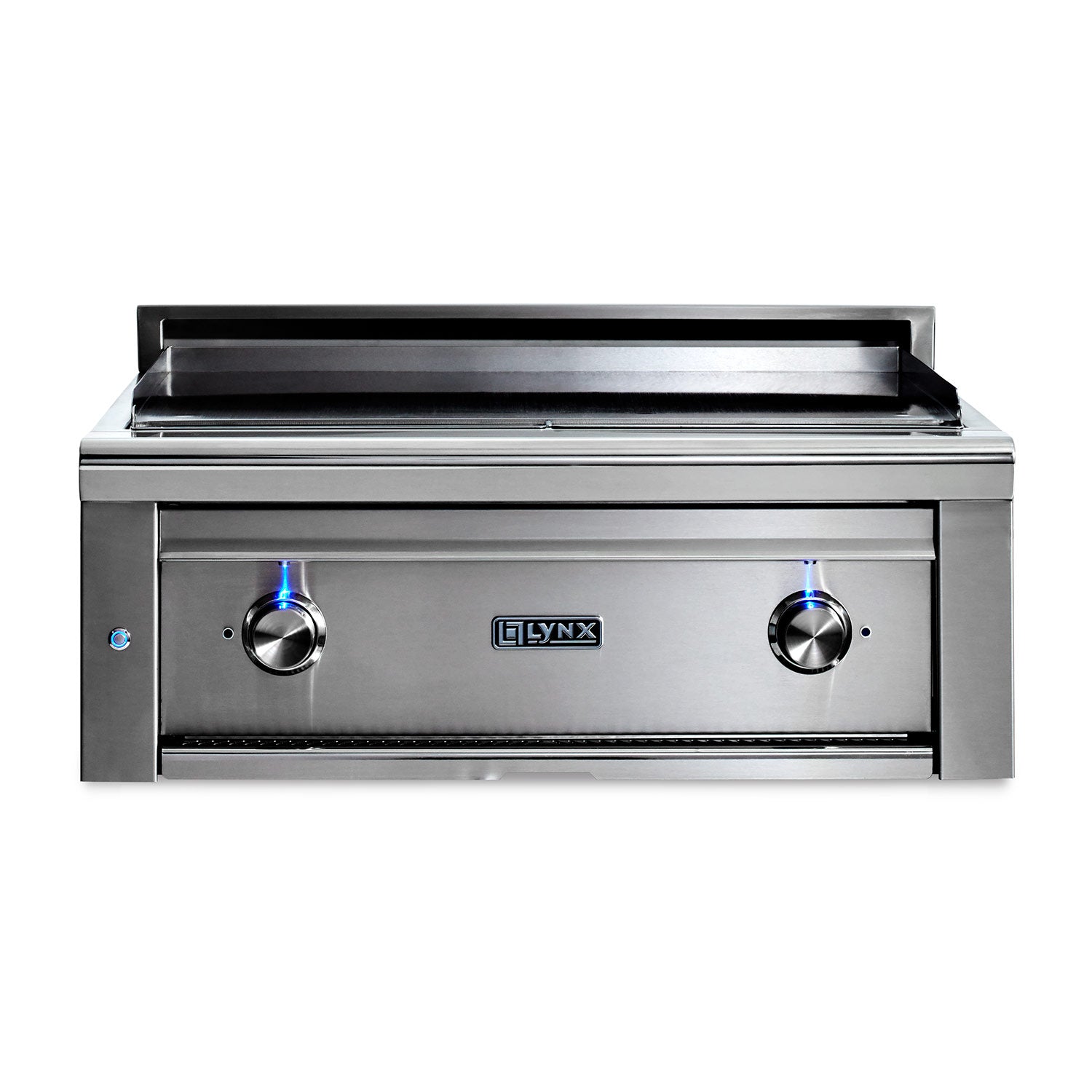 Stainless steel built-in gas grill with two blue-lit control knobs