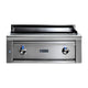 Stainless steel built-in gas grill with two blue-lit control knobs