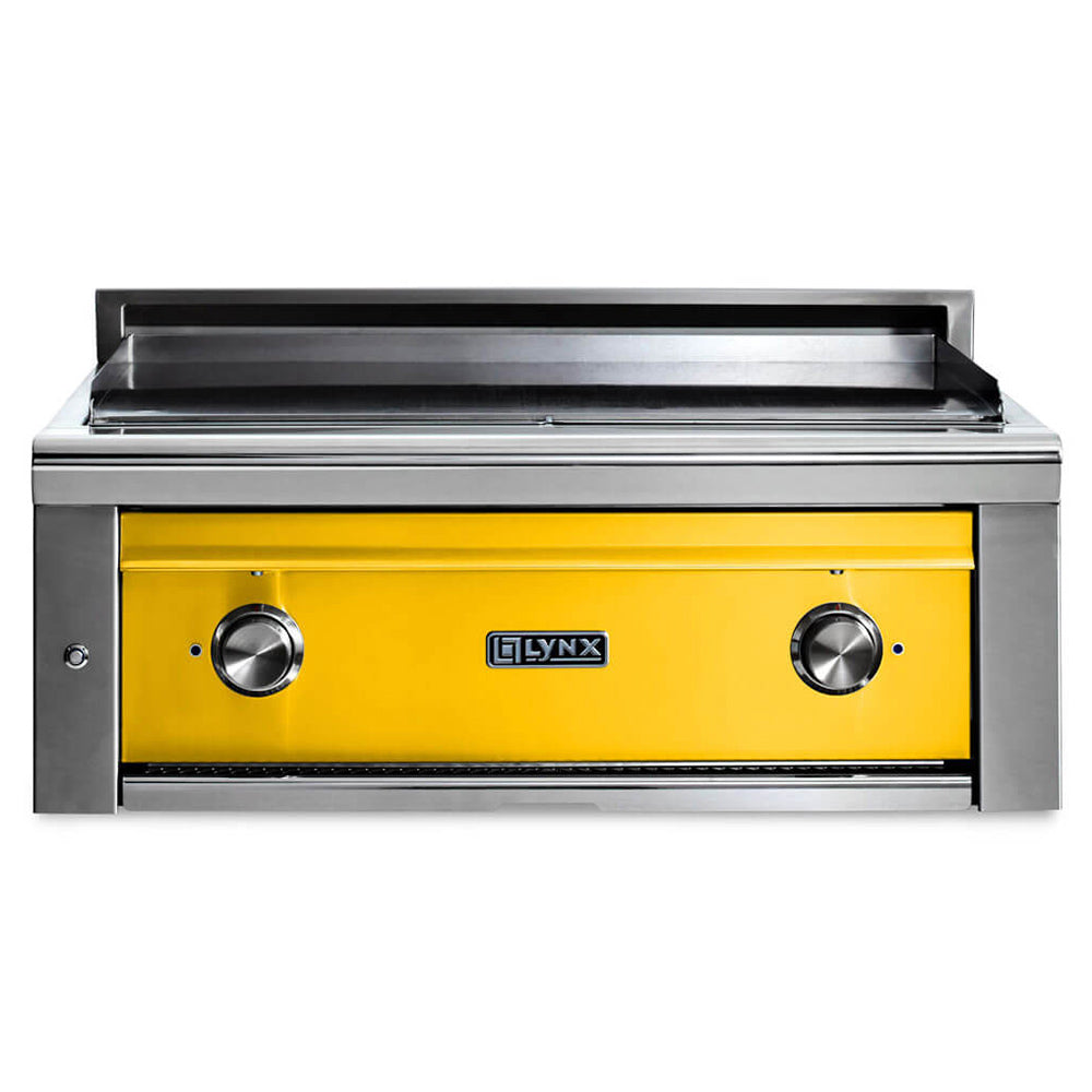 California poppy built-in gas grill with two control knobs and front heat panel