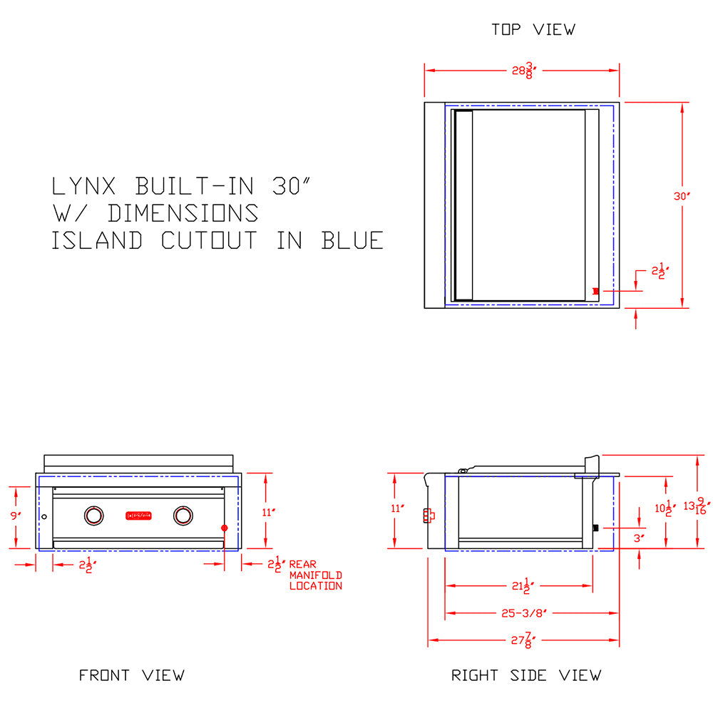 Built-in grill cutout and dimension diagram with top and side view measurements