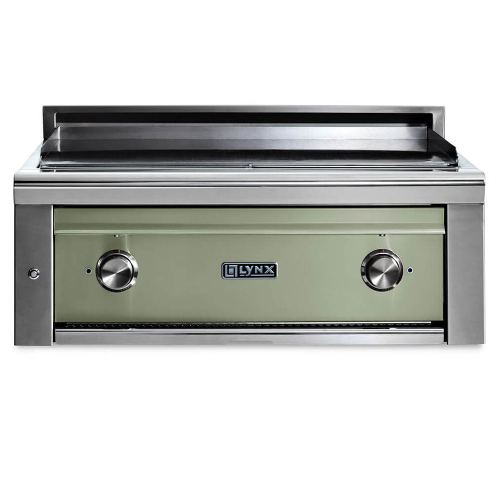 Desert sage built-in gas grill with two control knobs and front heat panel