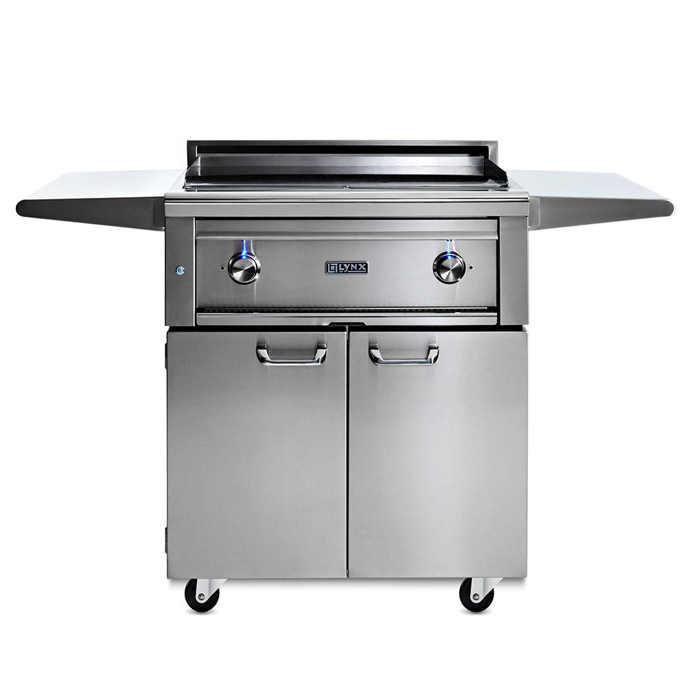 30-inch gas grill on cart with lid and two stainless control knobs