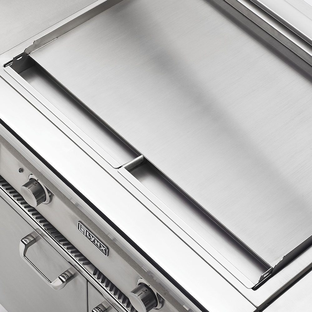 Stainless grilling grate and open grill lid with control panel below
