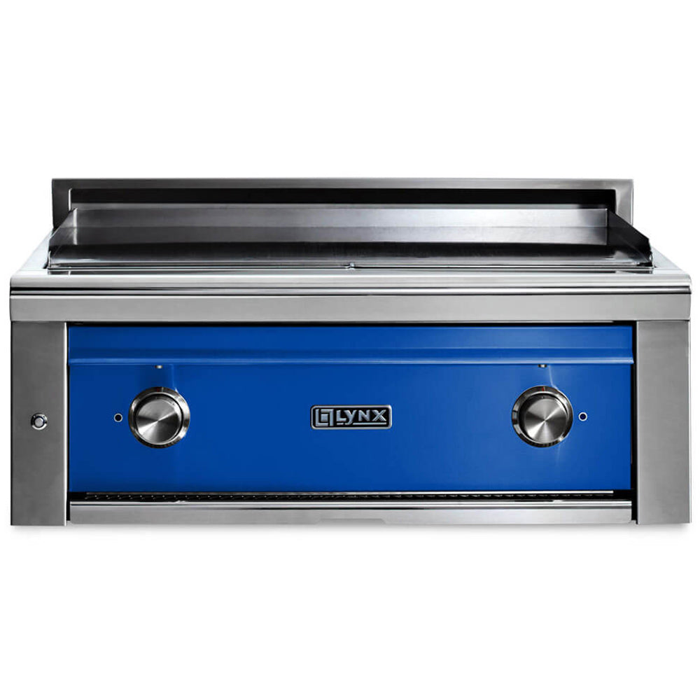 Pacific Blue built-in gas grill with two control knobs and front heat panel