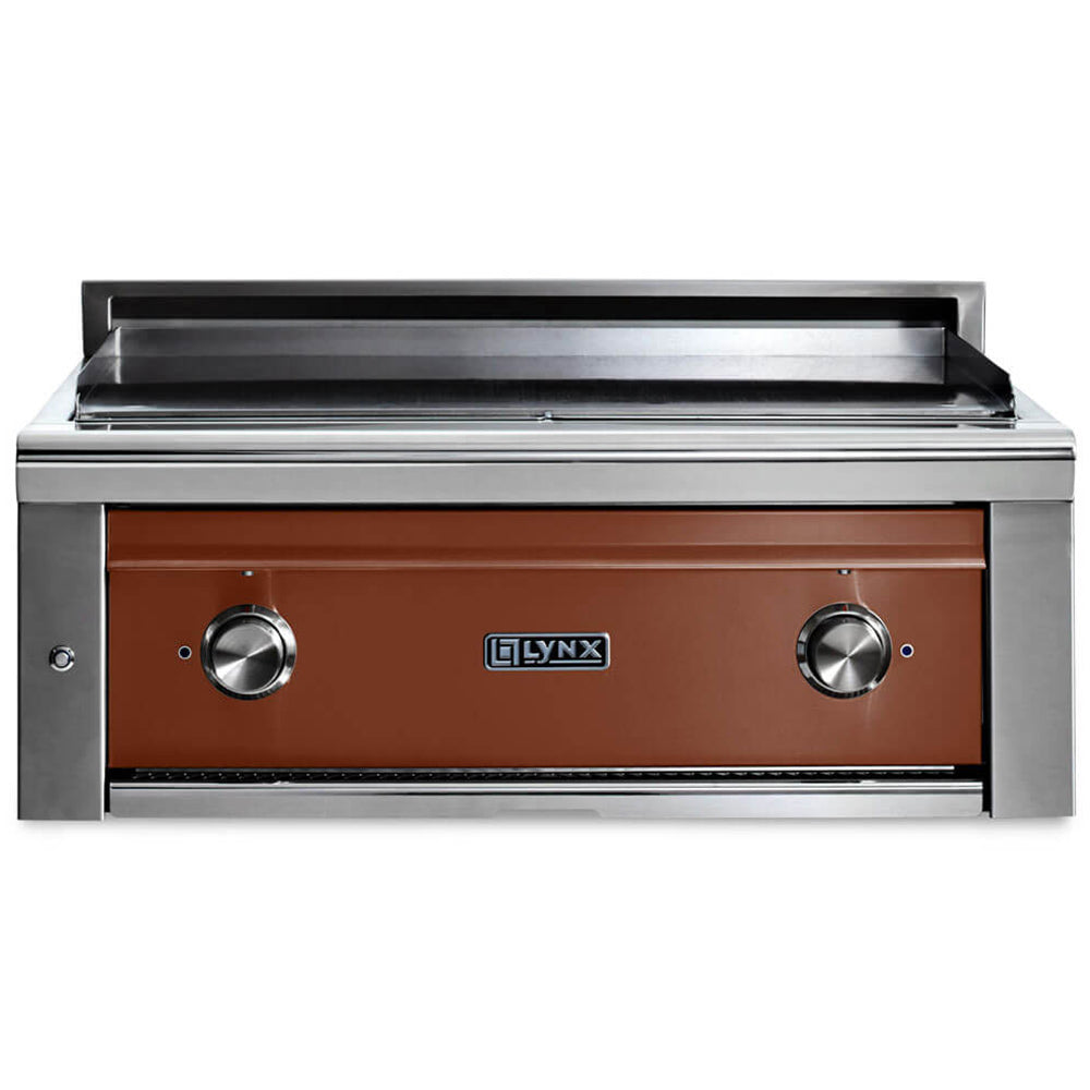 Built-in gas grill with stainless body and brown cabinet, two control knobs