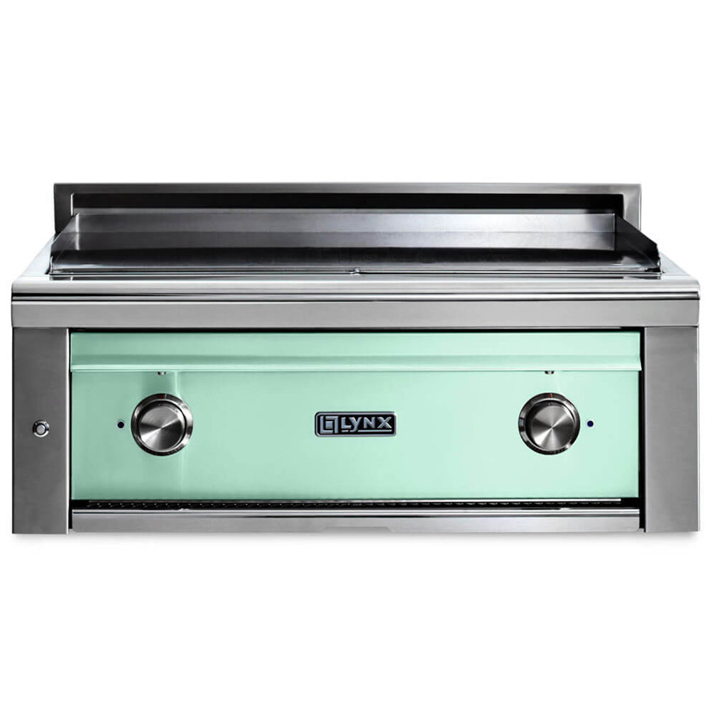 Built-in gas grill with stainless body and mint cabinet, two control knobs
