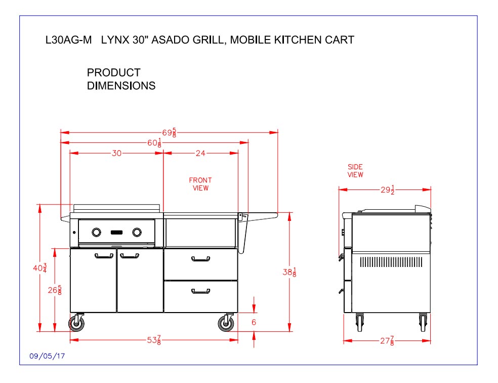 Grill dimension diagram with front and side measurement lines
