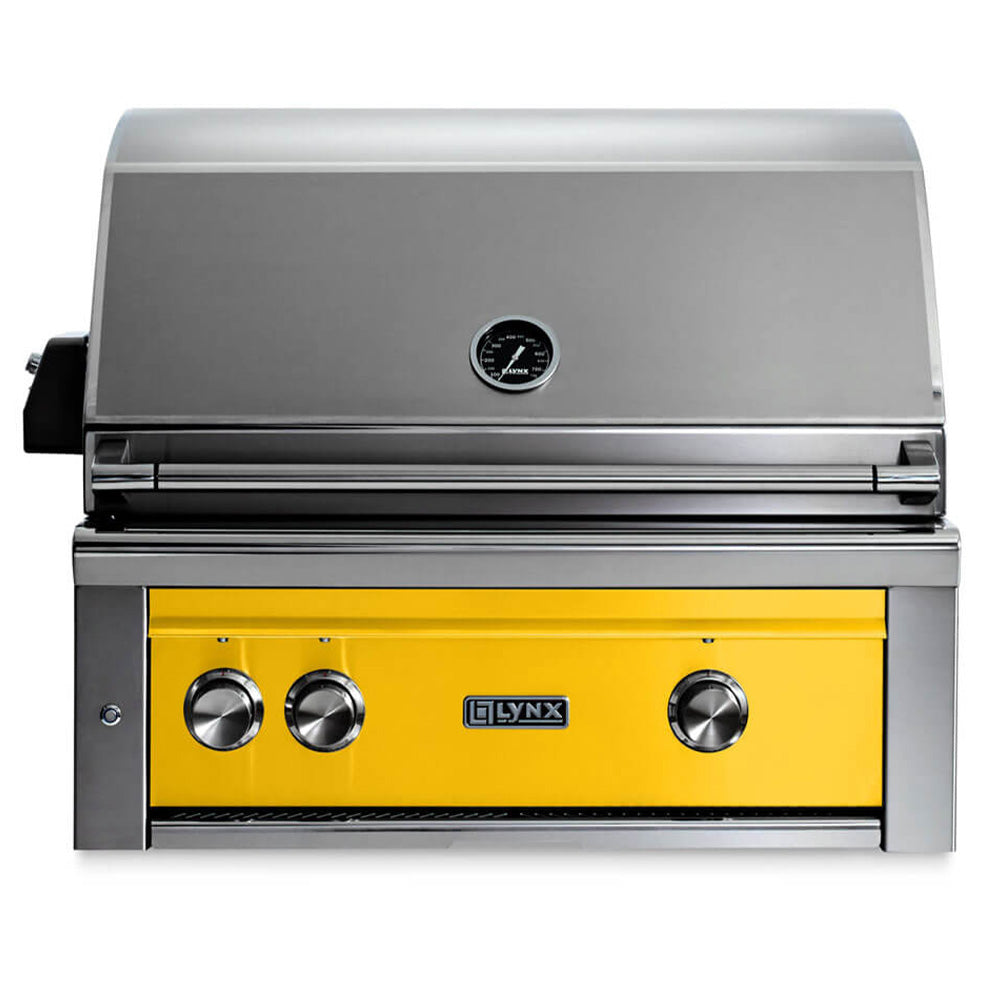 Built-in gas grill with stainless body and yellow control panel