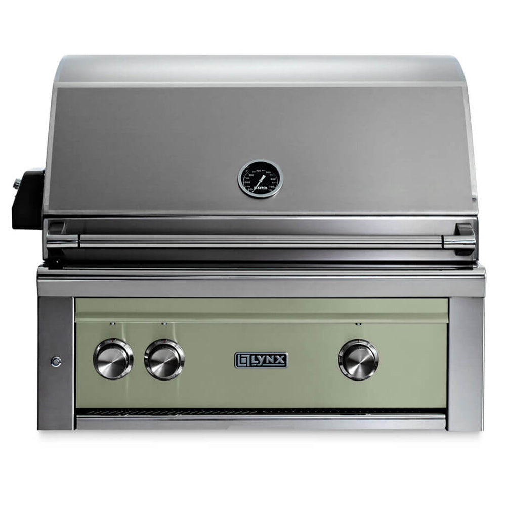 Built-in gas grill with stainless body and sage green control panel