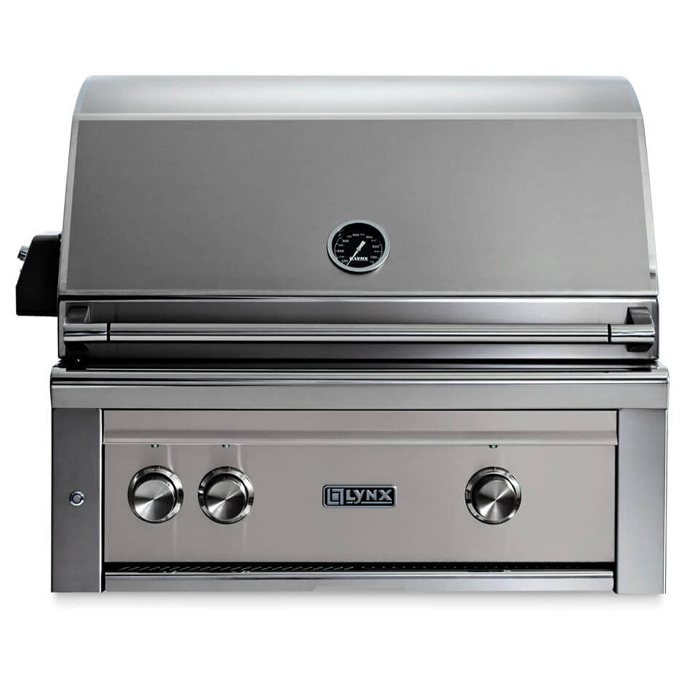 Built-in gas grill with stainless body and silver control panel