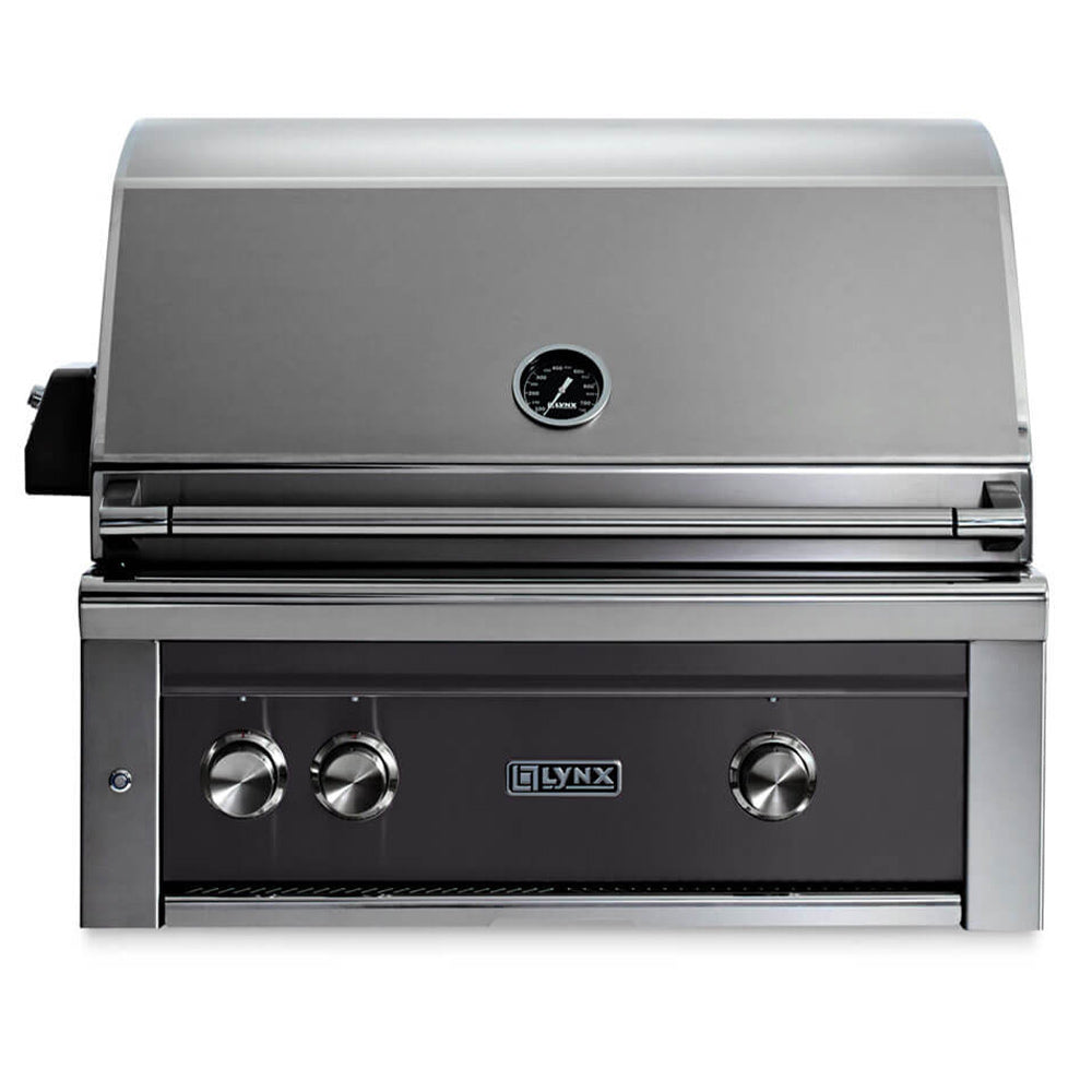 Built-in gas grill with stainless body and black control panel