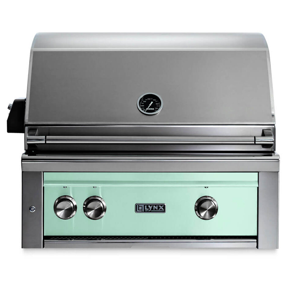 Built-in gas grill with stainless body and mint green control panel