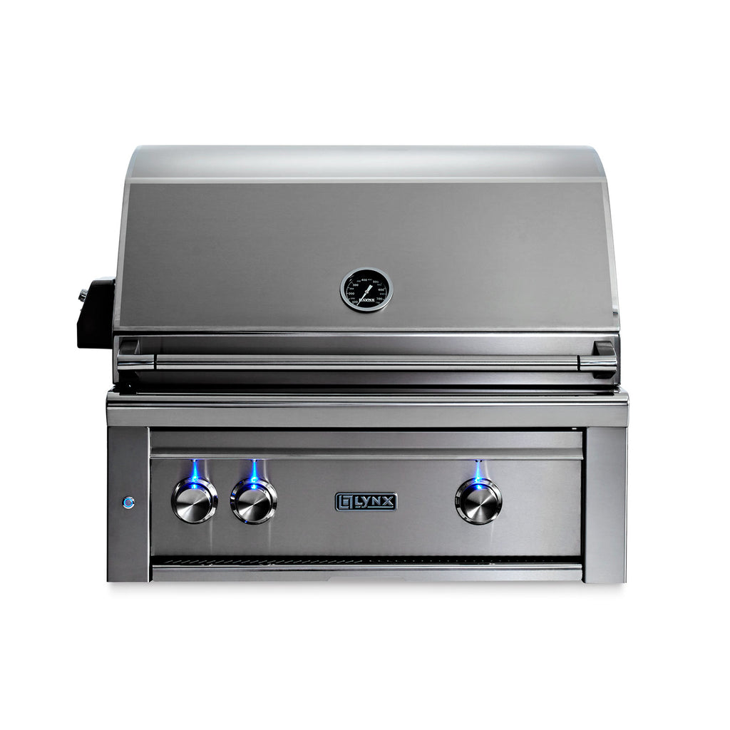 Built-in gas grill with stainless body and dark control panel