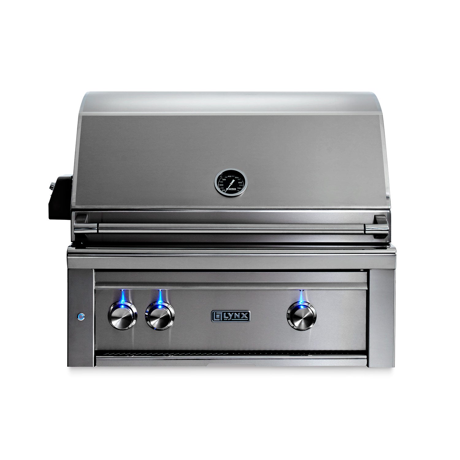 Built-in gas grill with stainless body and dark control panel