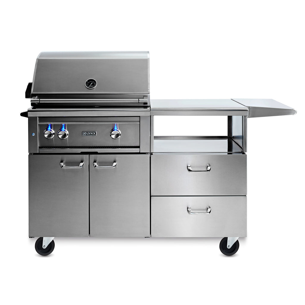 30-inch stainless steel gas grill on mobile kitchen cart with side shelf and wheels
