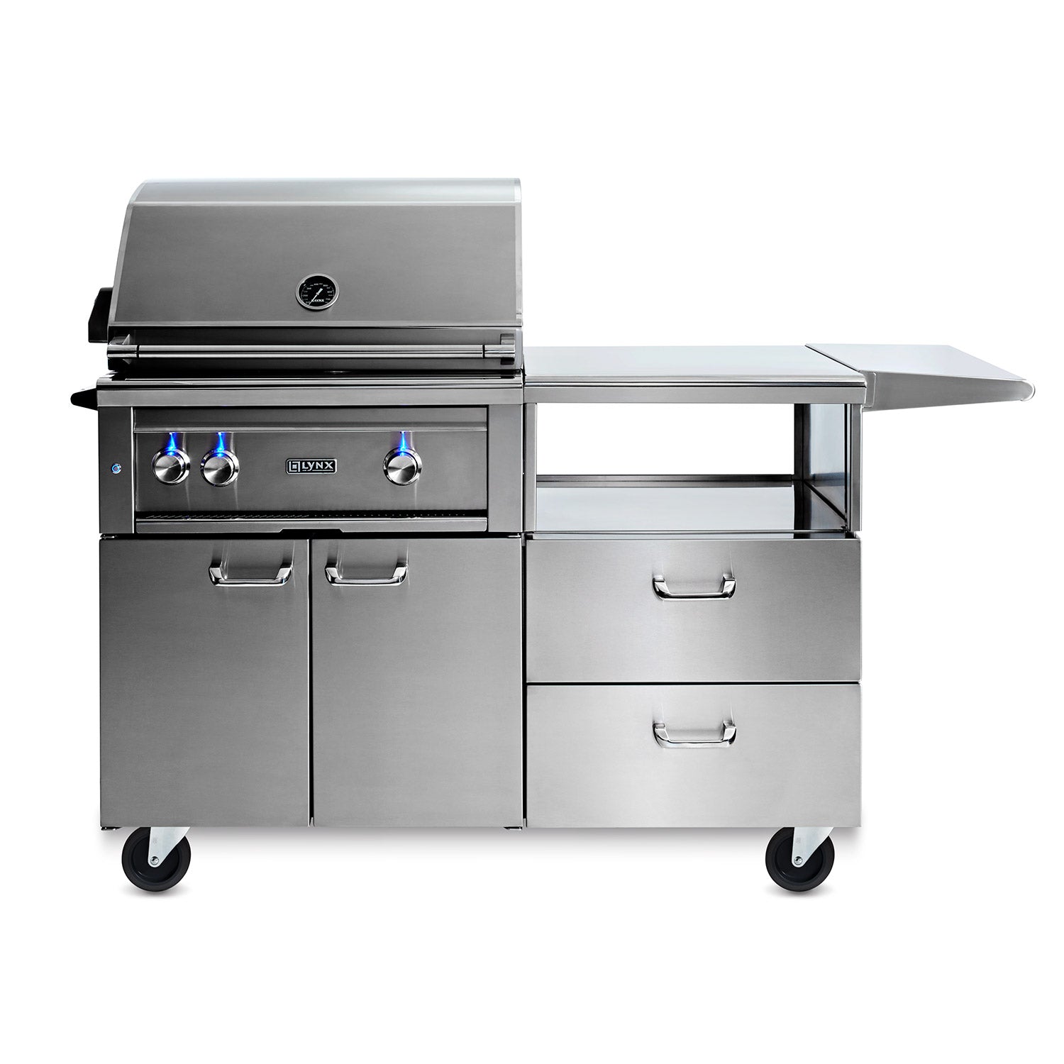30-inch stainless steel gas grill on mobile kitchen cart with side shelf and wheels