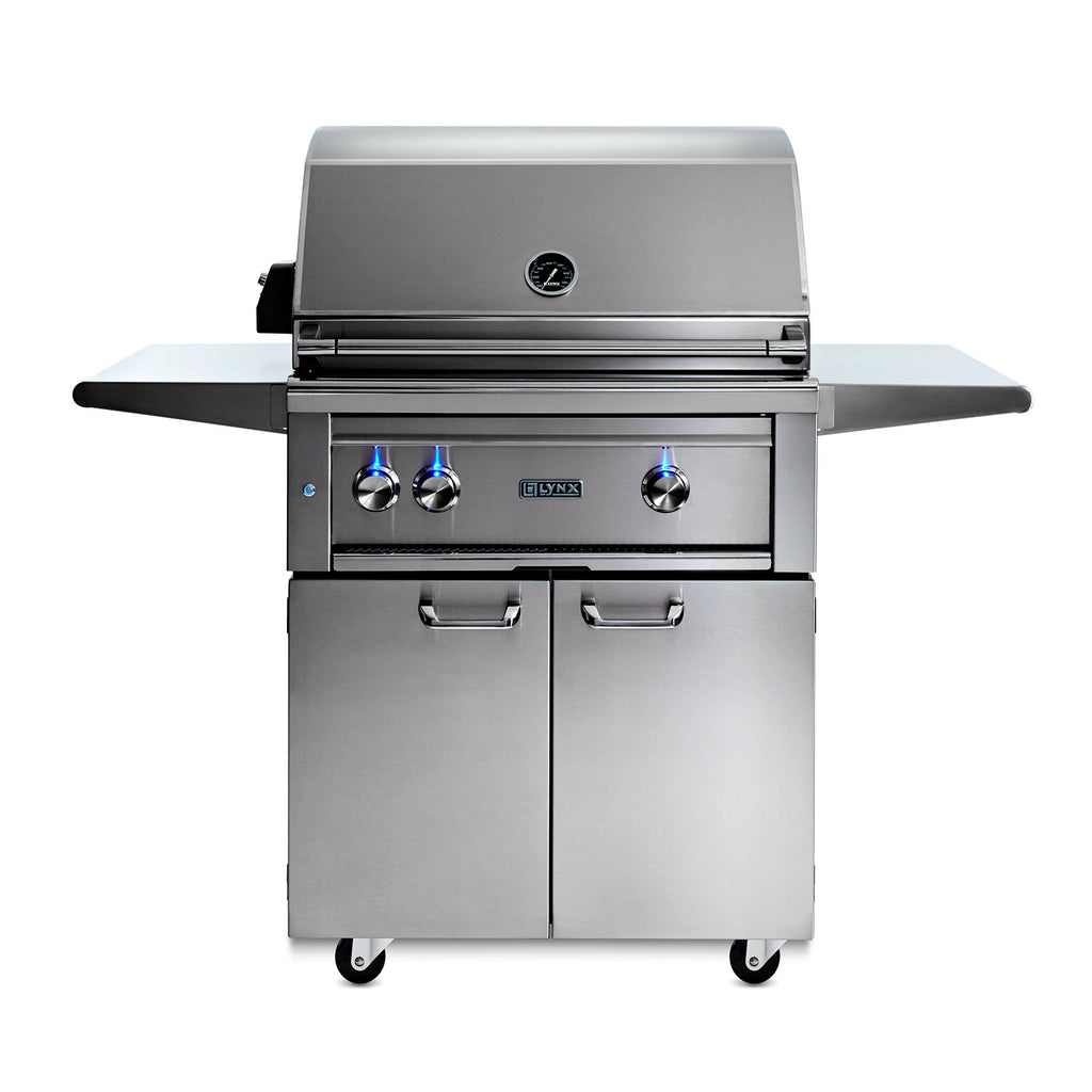 Stainless steel gas grill on cart with control knobs and side shelves