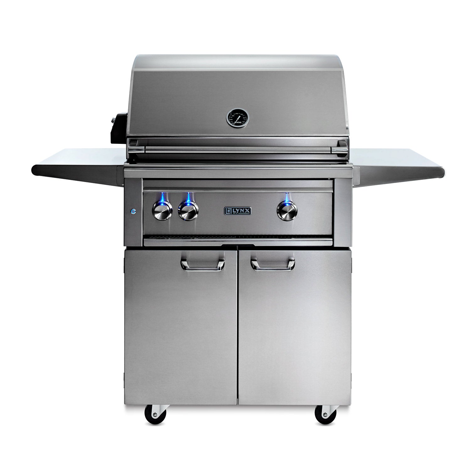Stainless steel gas grill on cart with control knobs and side shelves
