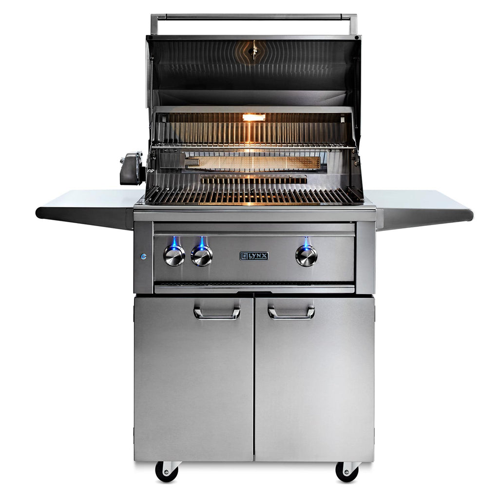 Open stainless steel gas grill with front burner controls and cooking grates