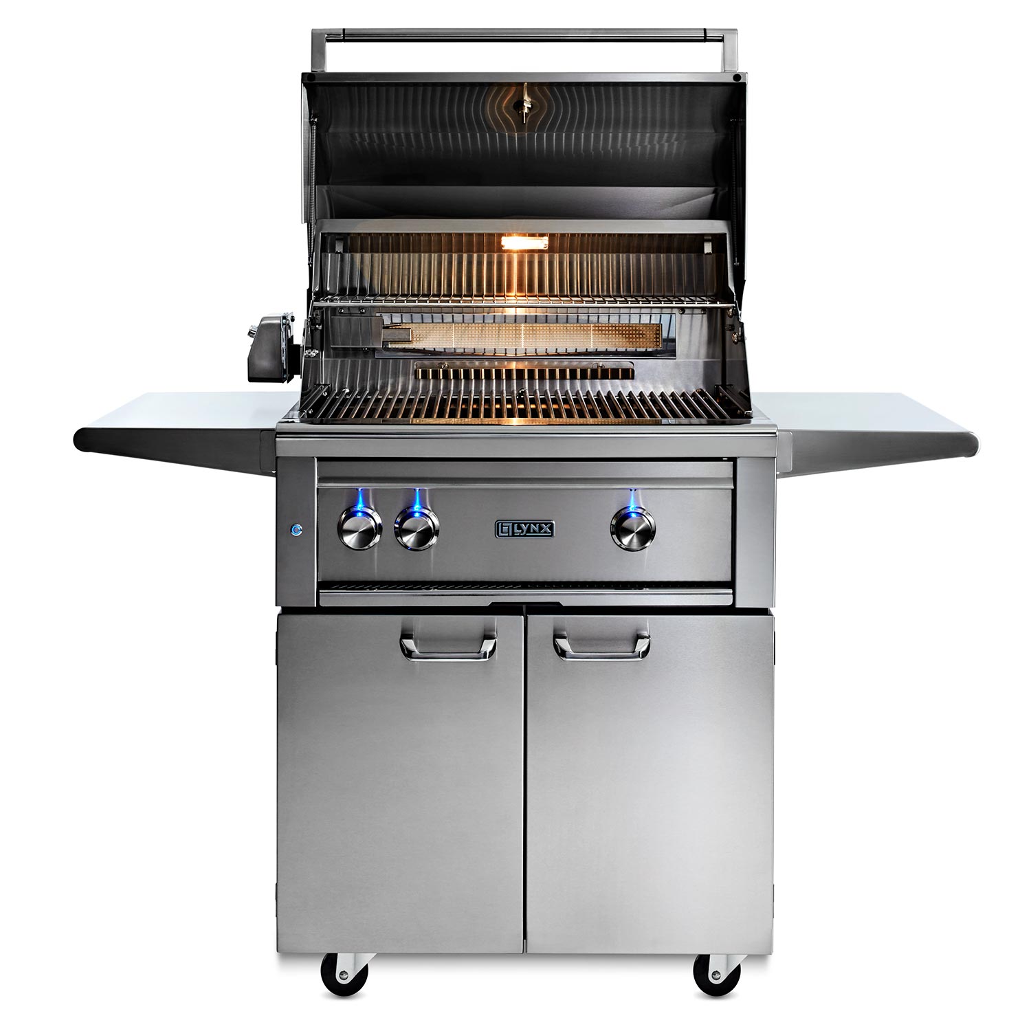 Open stainless steel gas grill with front burner controls and cooking grates