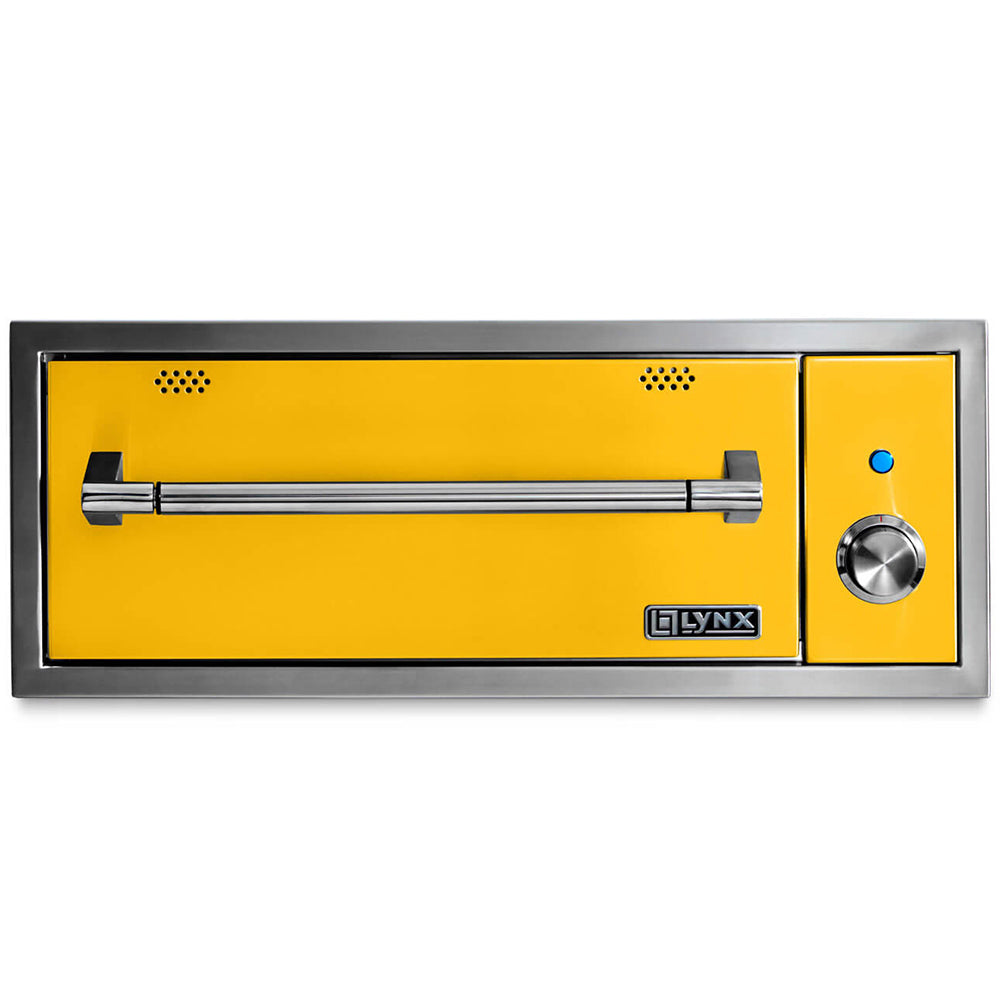 Built-in warming drawer with yellow interior panel, vented design, and temperature dial