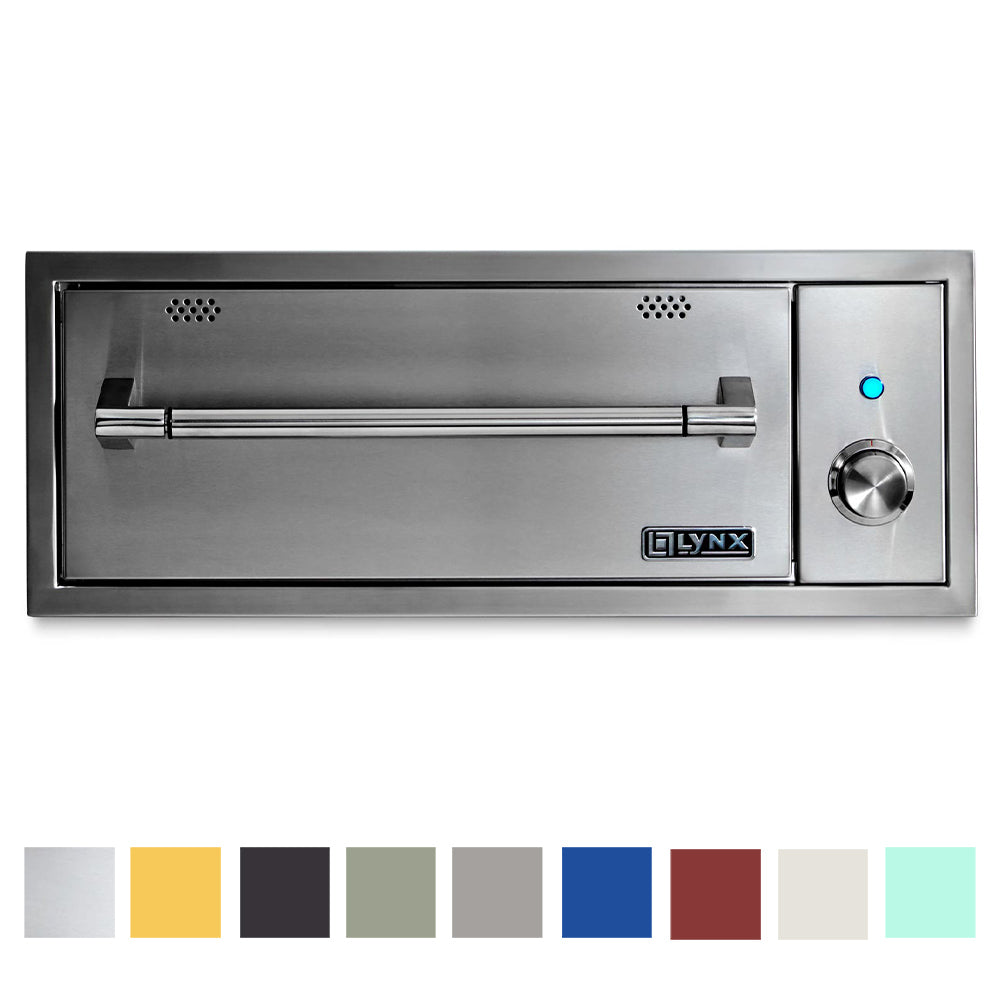 Built-in warming drawer with stainless frame, vented interior, and round temperature dial