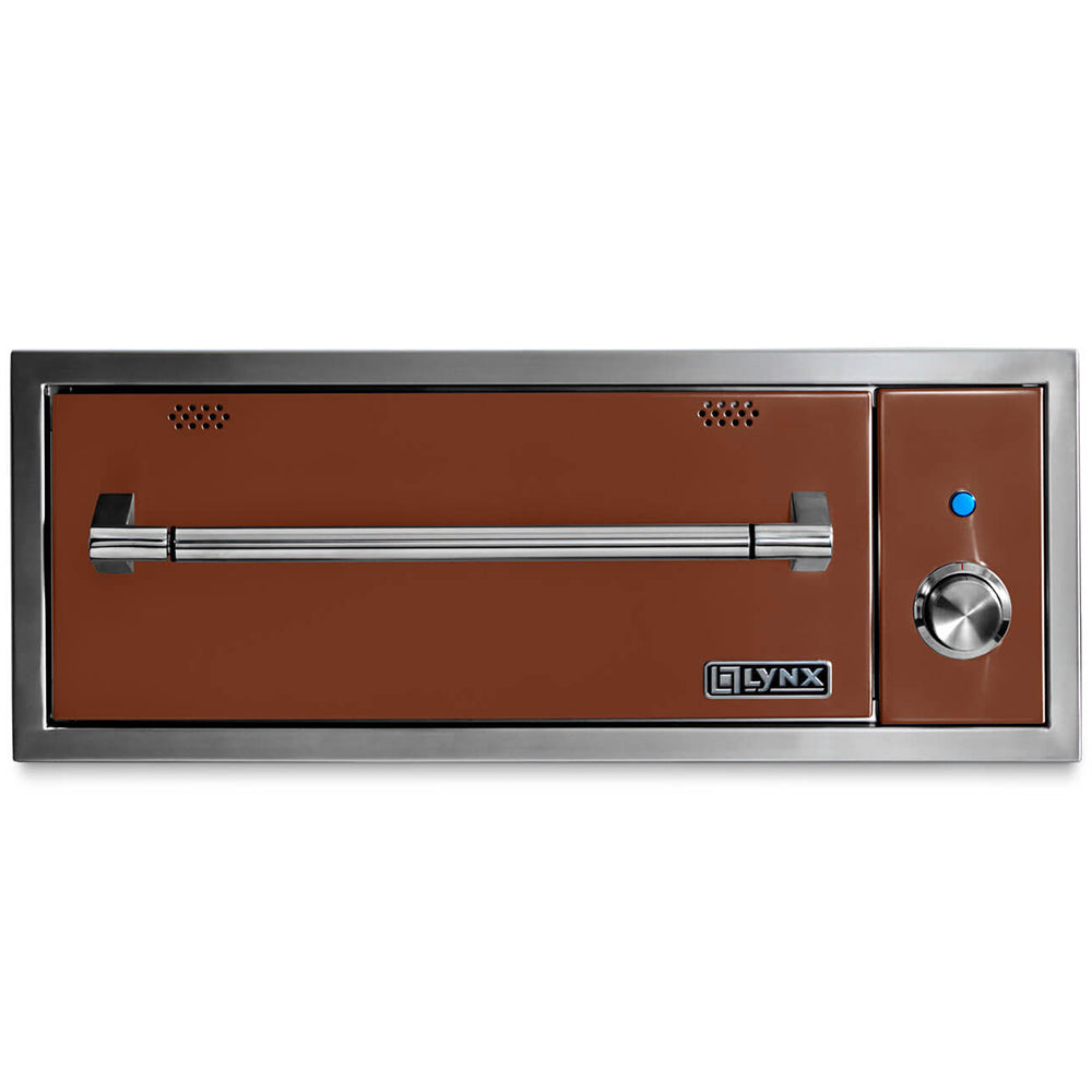 Built-in warming drawer with brown interior panel, vent openings, and temperature dial