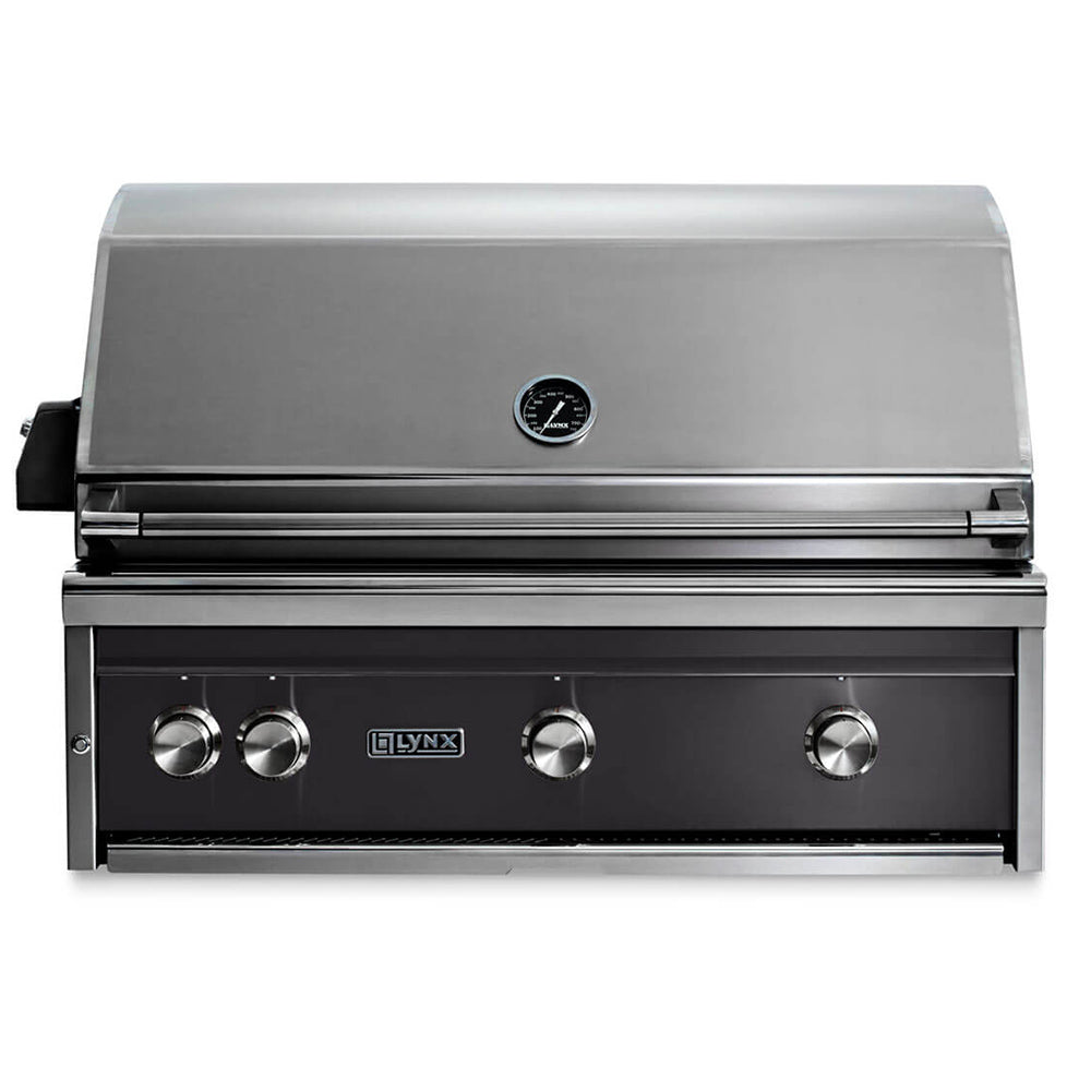 Lynx built-in gas grill with stainless steel lid, dark front panel and control knobs