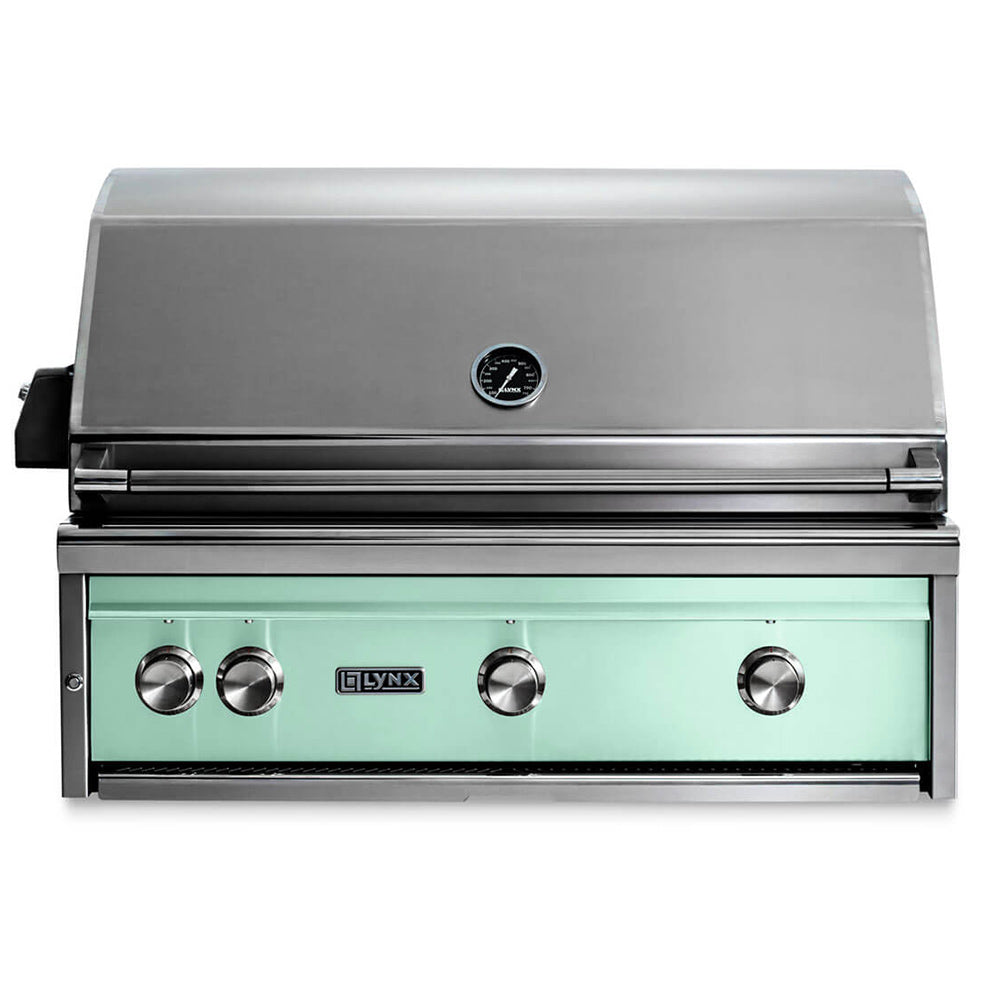 Lynx built-in gas grill with stainless steel lid, sage green front panel and control knobs