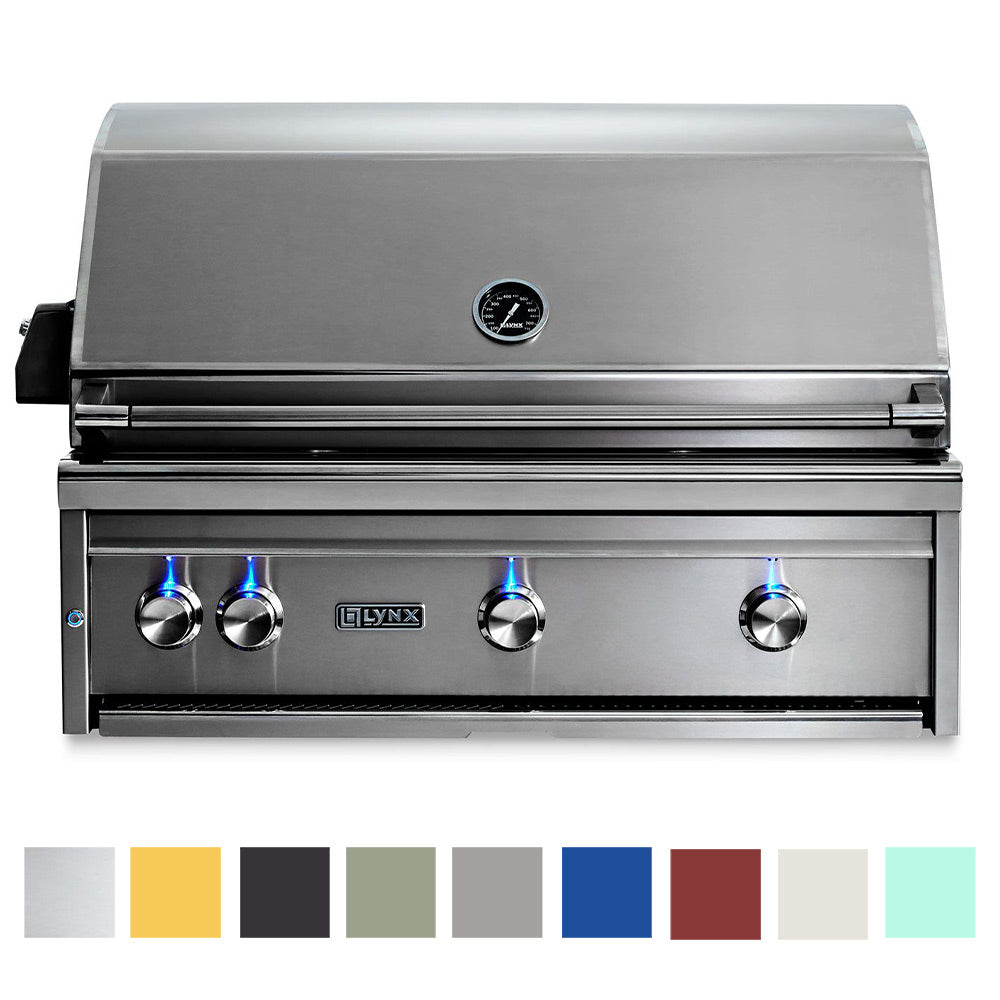 Built-in stainless steel gas grill with four control knobs and closed hood