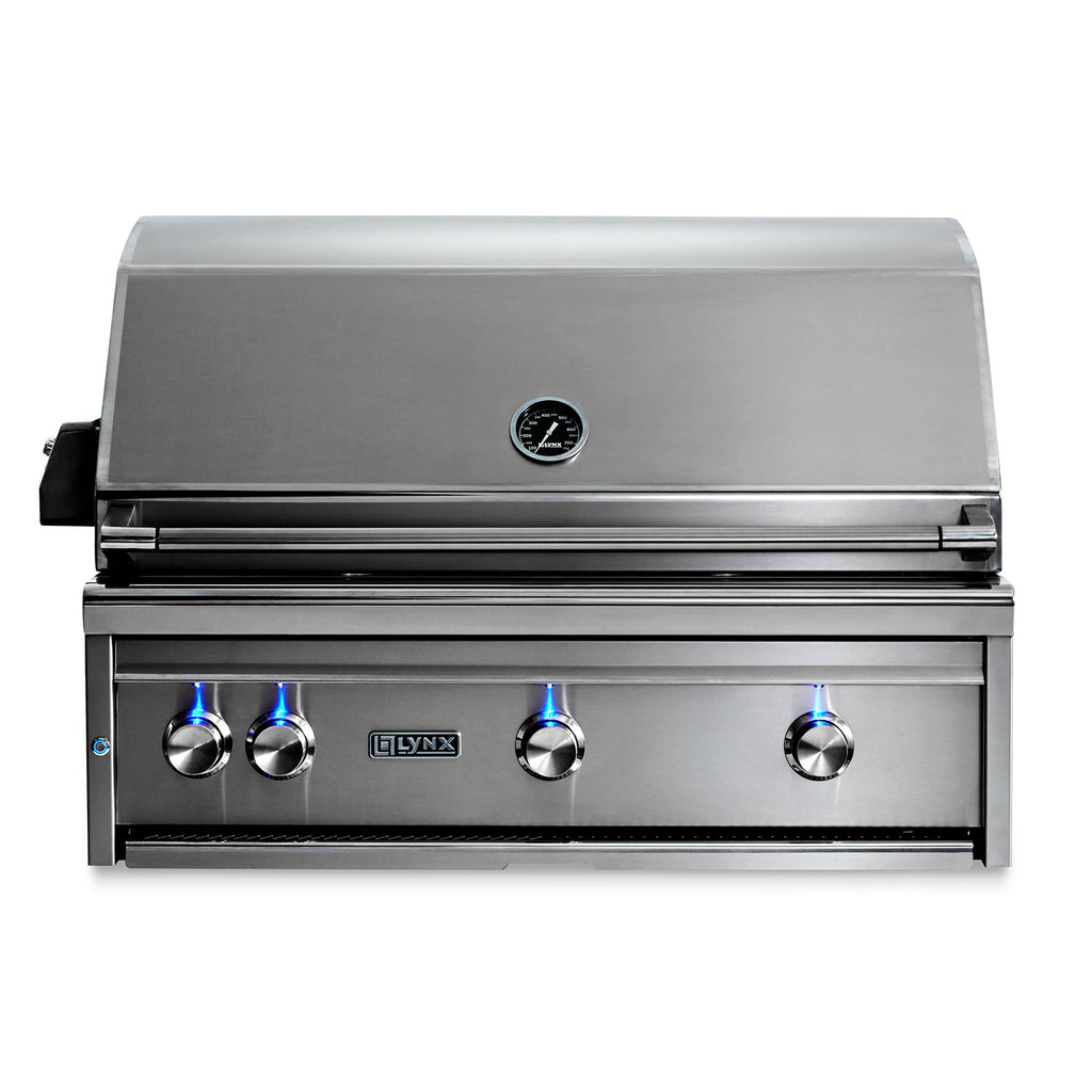 Lynx built-in gas grill with stainless steel lid and front control knobs