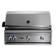 Lynx built-in gas grill with stainless steel lid and front control knobs