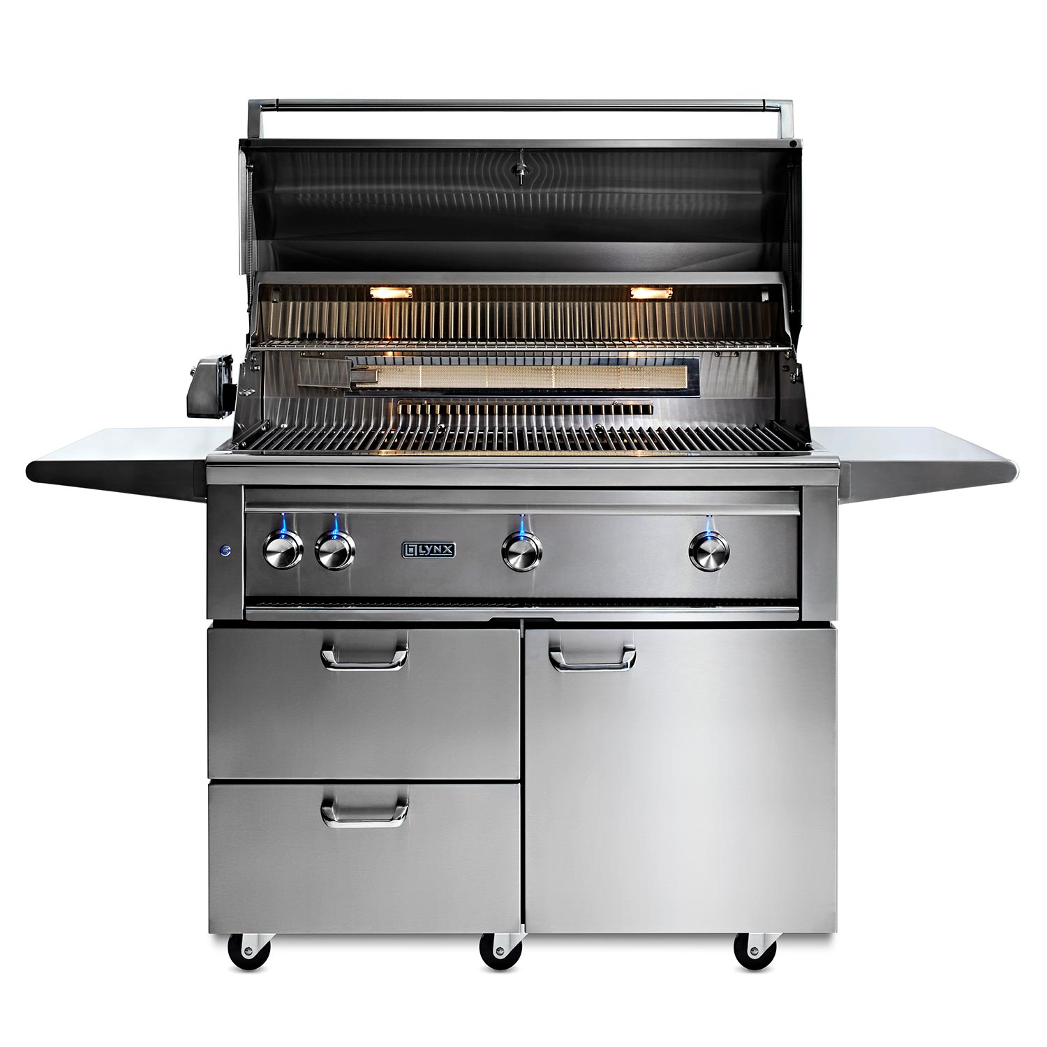 Open stainless gas grill with grates, burner controls, and side shelves