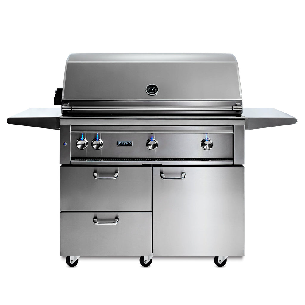 Stainless steel 42-inch gas grill on cart with control knobs and side shelves