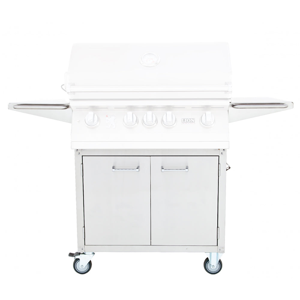 White 32-inch BBQ grill cart with side shelves, two cabinet doors, and four caster wheels