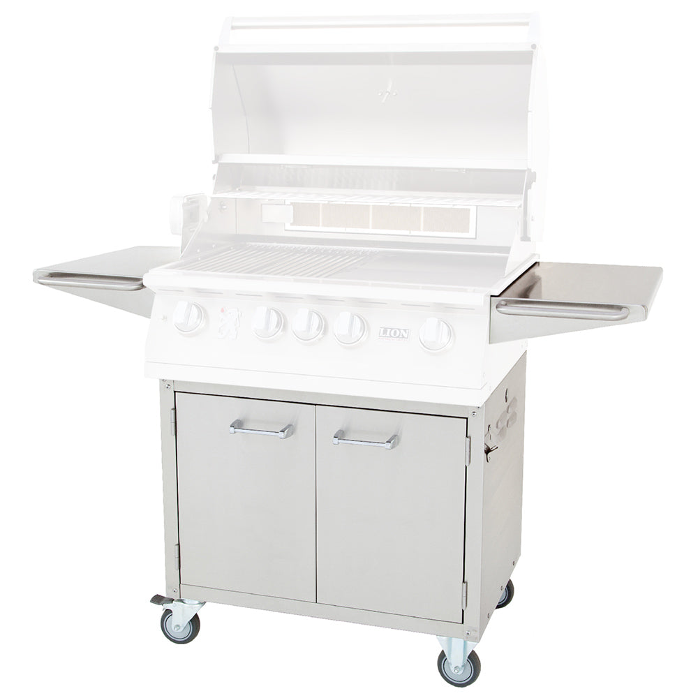 White BBQ grill cart with open lid, side shelves, two cabinet doors, and caster wheels