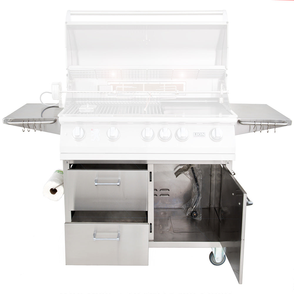 BBQ grill cart with open cabinets, interior grilling area, and side shelves