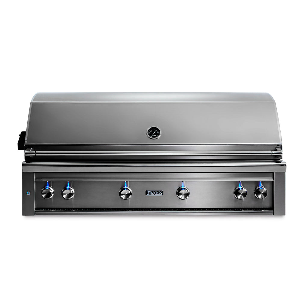 Built-in gas grill with stainless steel lid and knob control panel.