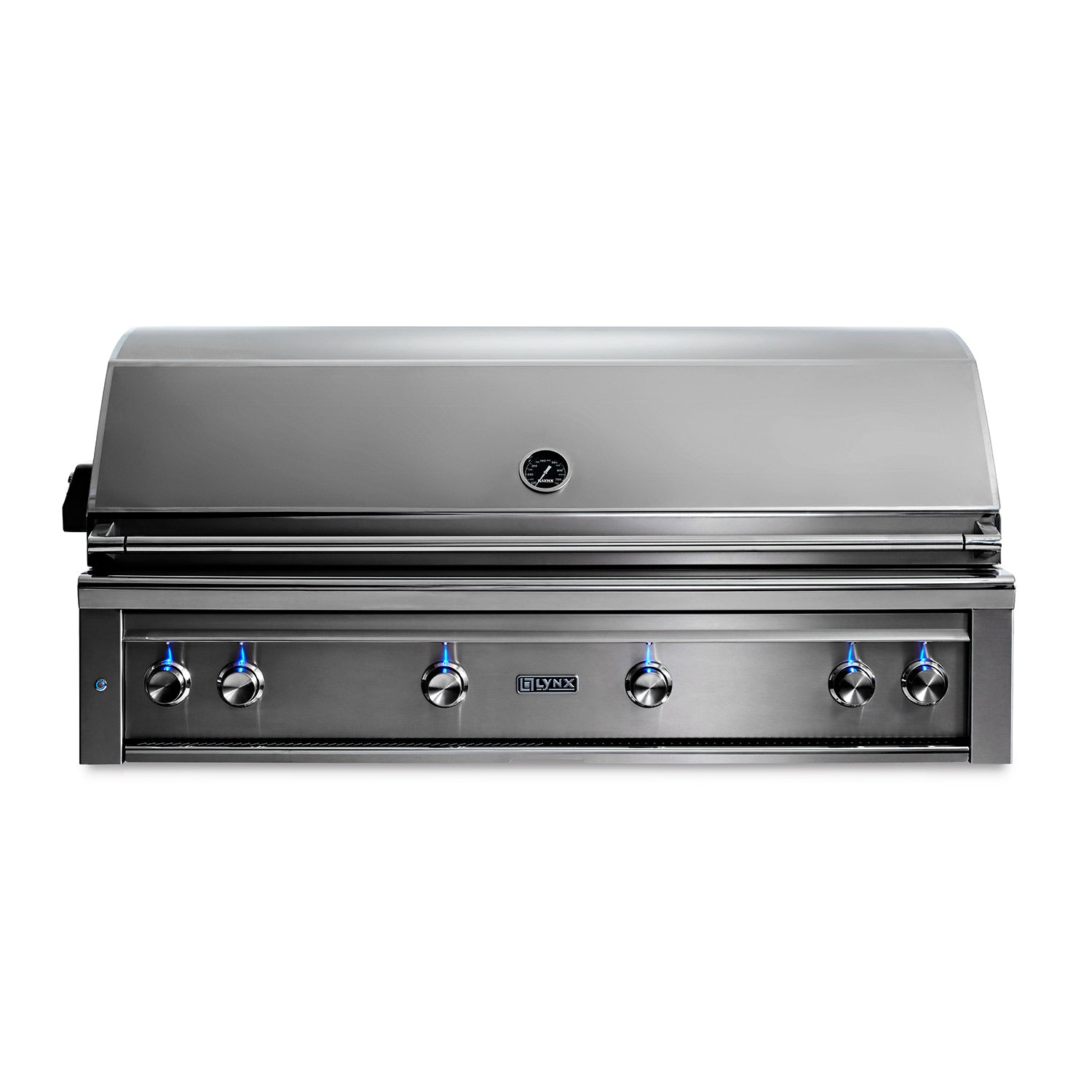 Built-in gas grill with stainless steel lid and knob control panel.