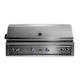 Built-in gas grill with stainless steel lid and knob control panel.